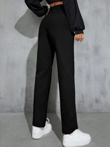 SHEIN EZwear High Waist Slant Pockets Corduroy Trousers - Black - View 2