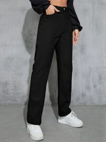 SHEIN EZwear High Waist Slant Pockets Corduroy Trousers - Black - View 3