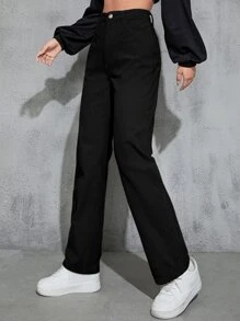 SHEIN EZwear High Waist Slant Pockets Corduroy Trousers - Black - View 4