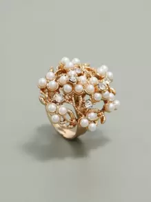 鑽石和人造珍珠裝飾戒指 - 金黃色 - 查看 1