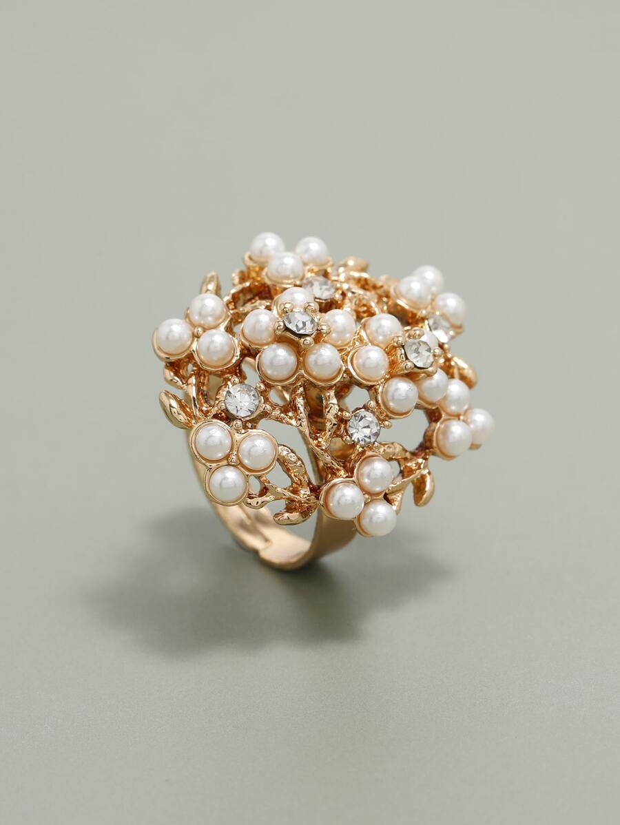 鑽石和人造珍珠裝飾戒指 - 金黃色 - 查看 1