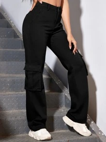 Quần jean nữ Nút Túi Dây kéo màu trơn - màu đen - Xem 5