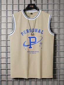 Aesthetic Post--Men Letter Graphic Contrast Trim Tank Top - Khaki - View 1