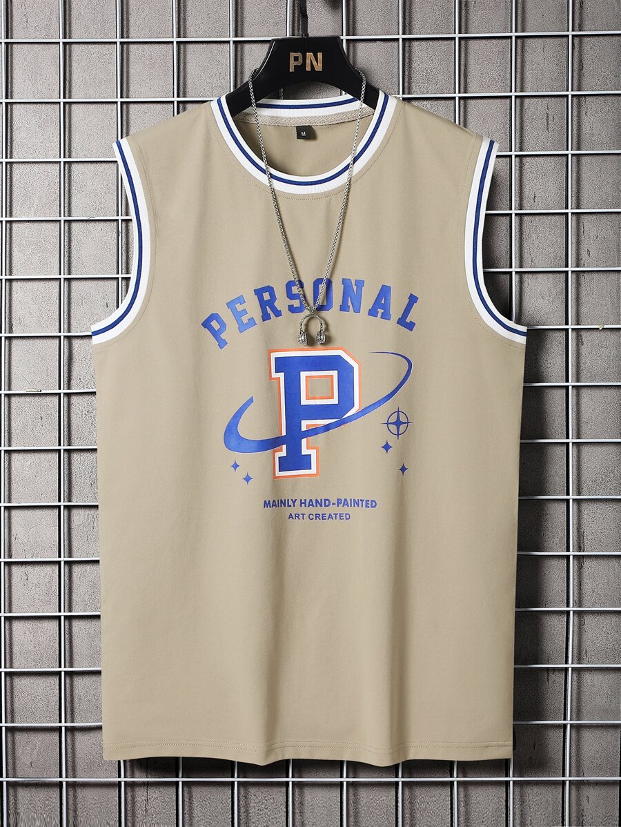 Aesthetic Post--Men Letter Graphic Contrast Trim Tank Top - Khaki - View 1