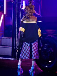 SHEIN Unity Letter Graphic Contrast PU Sleeve Bomber Jacket - Black - View 4