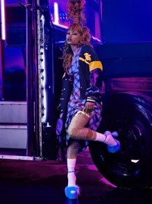 SHEIN Unity Letter Graphic Contrast PU Sleeve Bomber Jacket - Black - View 5