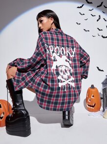 ROMWE PUNK Tartan & Letter Graphic Drop Shoulder Curved Hem Shirt - Multicolor - View 1