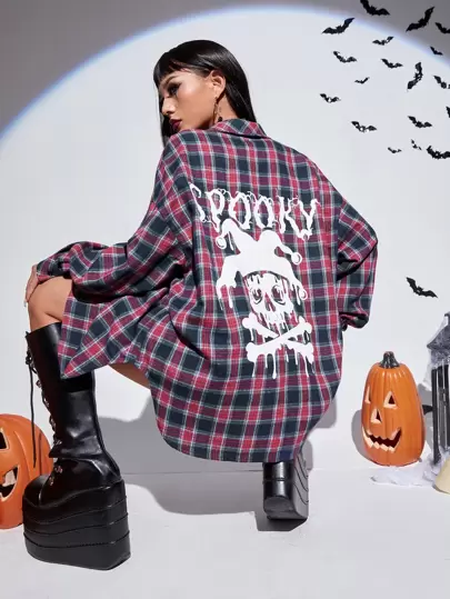 ROMWE PUNK 蘇格蘭格紋和字母圖案落肩袖弧形下擺襯衫