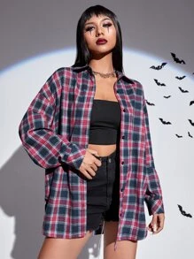 ROMWE PUNK Tartan & Letter Graphic Drop Shoulder Curved Hem Shirt - Multicolor - View 3