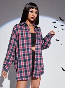 ROMWE PUNK Tartan & Letter Graphic Drop Shoulder Curved Hem Shirt - Multicolor - View 4