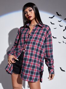 ROMWE PUNK Tartan & Letter Graphic Drop Shoulder Curved Hem Shirt - Multicolor - View 6