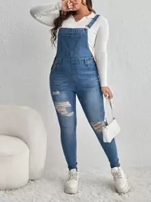 SHEIN EZwear Plus Ripped Patched Pocket Denim Dungarees Without Jumper - Medium Wash - View 1