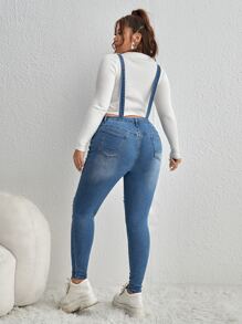 SHEIN EZwear Plus Ripped Patched Pocket Denim Dungarees Without Jumper - Medium Wash - View 2