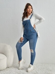 SHEIN EZwear Plus Ripped Patched Pocket Denim Dungarees Without Jumper - Medium Wash - View 4