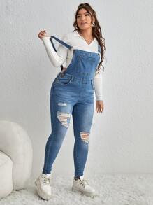 SHEIN EZwear Plus Ripped Patched Pocket Denim Dungarees Without Jumper - Medium Wash - View 5
