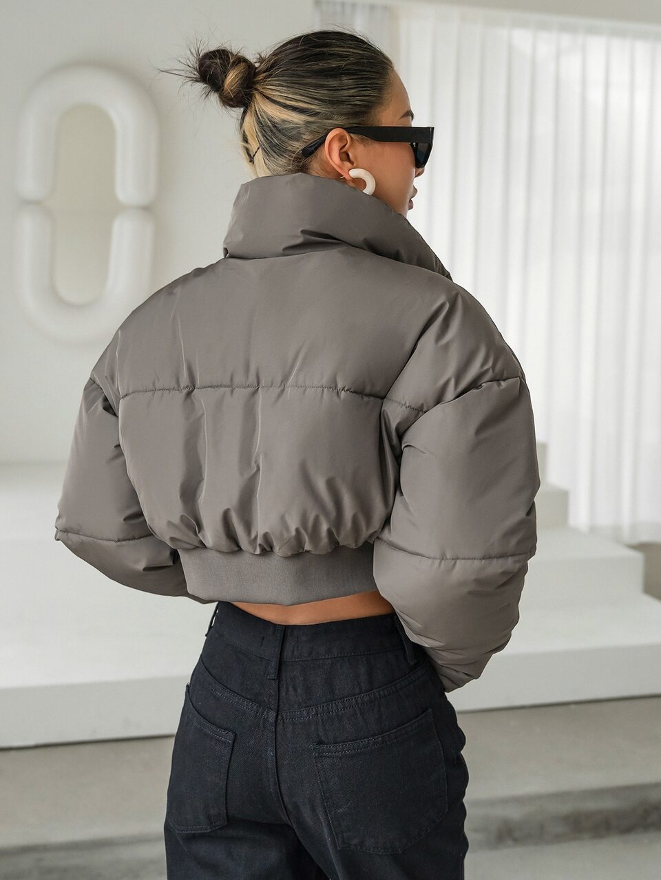 Drop Shoulder Zipper Crop Puffer Thick Pockets Coat ,Winter Women Clothes,Winter Coat Women Jacket