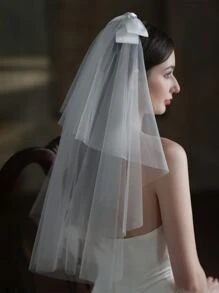 蝴蝶结装饰优雅新娘头纱。情人节配饰 - 白色 - 查看 4