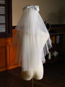 蝴蝶结装饰优雅新娘头纱。情人节配饰 - 白色 - 查看 5