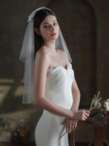 蝴蝶结装饰优雅新娘头纱。情人节配饰 - 白色 - 查看 7