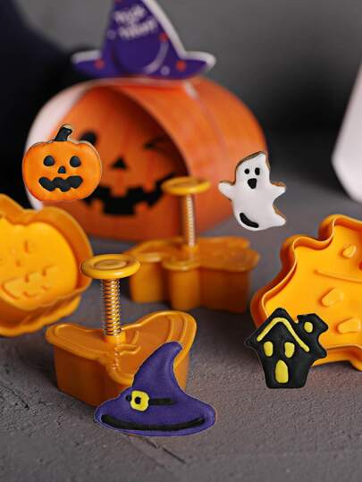 4入组/套萬聖節主題塑膠餅乾模型切割刀包括南瓜,鬼,帽和房子形狀適用於甜美風款待,蛋糕&餅乾製作