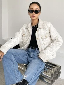 DAZY Contrast Tweed Flap Pocket Quilted Coat - White - View 1