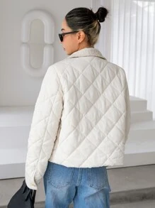 DAZY Contrast Tweed Flap Pocket Quilted Coat - White - View 2
