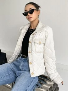 DAZY Contrast Tweed Flap Pocket Quilted Coat - White - View 3