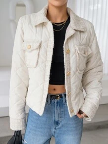 DAZY Contrast Tweed Flap Pocket Quilted Coat - White - View 4