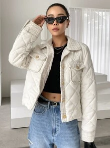 DAZY Contrast Tweed Flap Pocket Quilted Coat - White - View 6