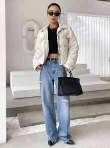 DAZY Contrast Tweed Flap Pocket Quilted Coat - White - View 7