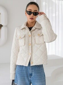 DAZY Contrast Tweed Flap Pocket Quilted Coat - White - View 8