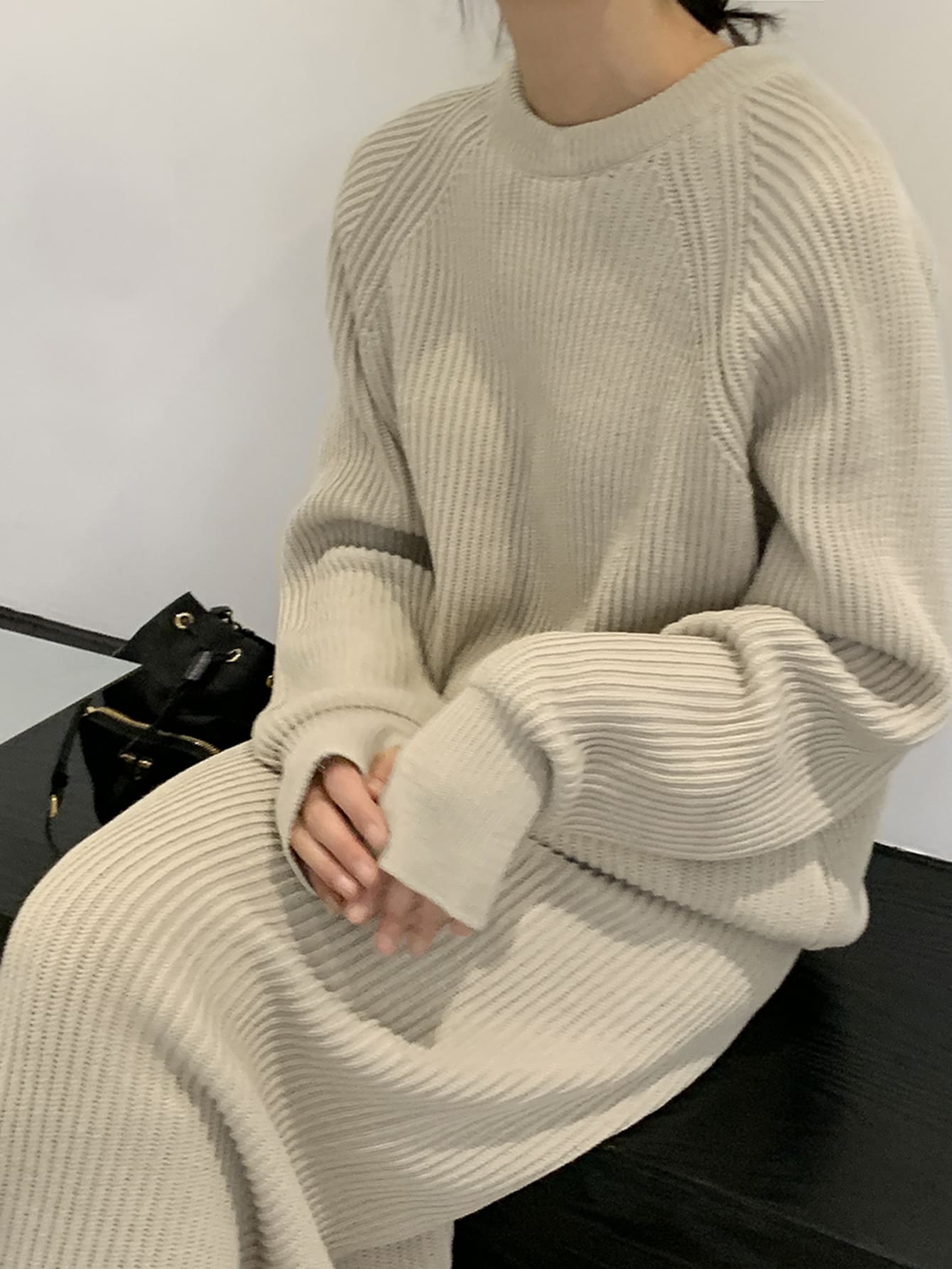 Solid Raglan Sleeve Sweater & Knit Skirt,Fall Women Clothes