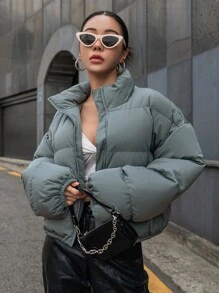 DAZY 落肩拉链羽绒厚口袋外套，冬季女装，冬季外套女式夹克 - 綠色 - 查看 5