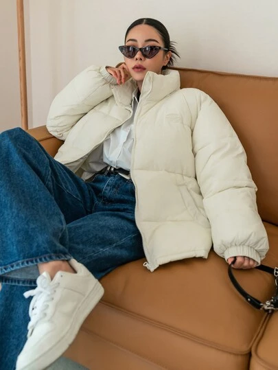 DAZY Women Solid Beige Color Padded Coat, Winter Jacket