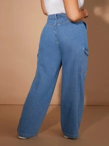 SHEIN EZwear Jeans cargo con bolsillos con solapa - Azul lavado medio - Ver 2