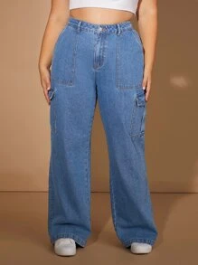SHEIN EZwear Jeans cargo con bolsillos con solapa - Azul lavado medio - Ver 5