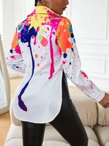 SHEIN Clasi Splash Painting Print Split Side Shirt - Multicolor - View 2