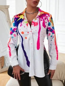 SHEIN Clasi Splash Painting Print Split Side Shirt - Multicolor - View 3