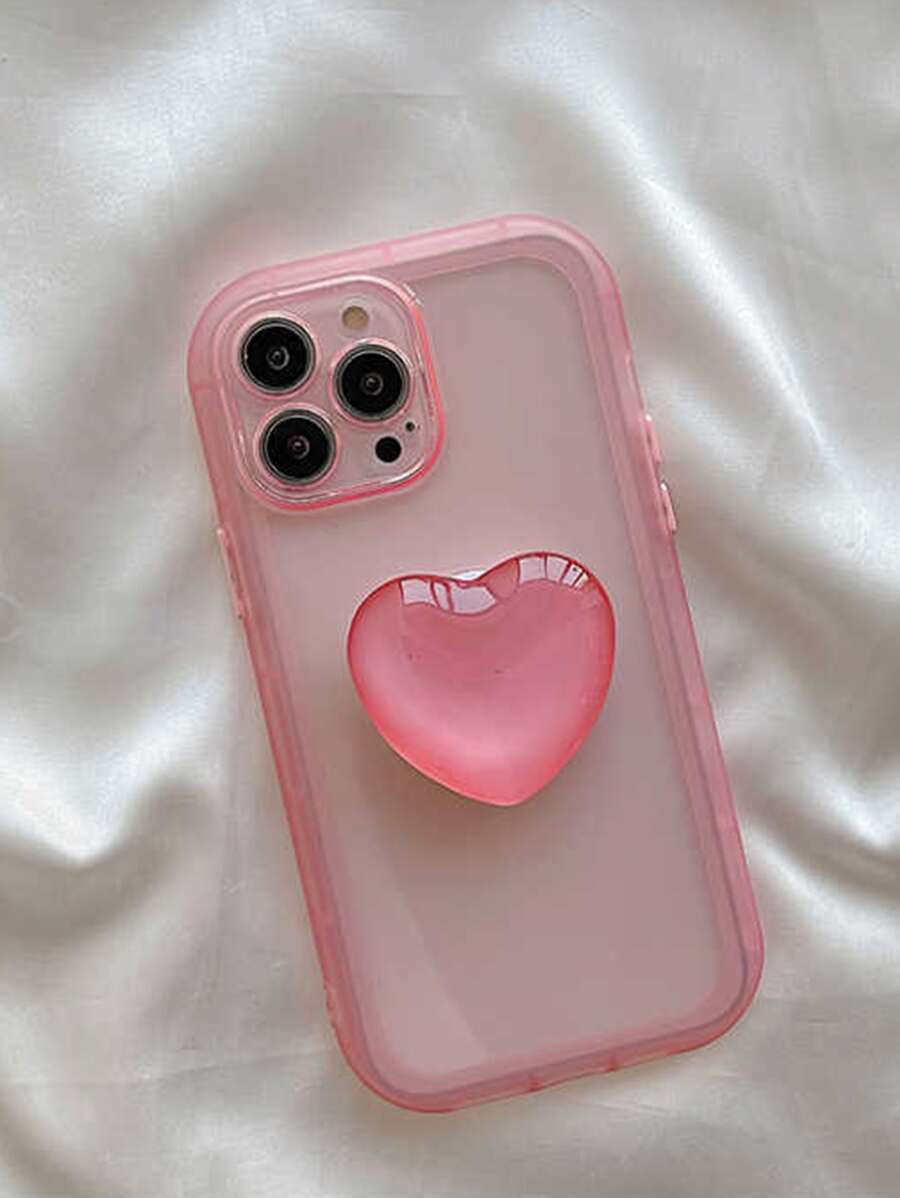 Plain Clear Phone Case With Heart Design Stand-Out Phone Grip - Pink - View 1