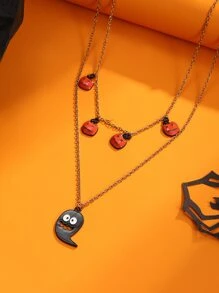 Halloween Pumpkin & Ghost Charm Layered Necklace - Multicolor - View 1