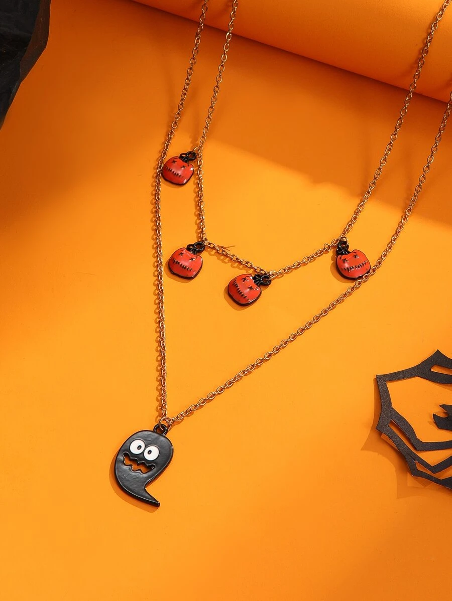 Halloween Pumpkin & Ghost Charm Layered Necklace - Multicolor - View 1