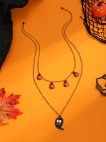 Halloween Pumpkin & Ghost Charm Layered Necklace - Multicolor - View 2