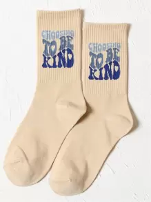 Slogan Graphic Crew Socks - Apricot - View 1