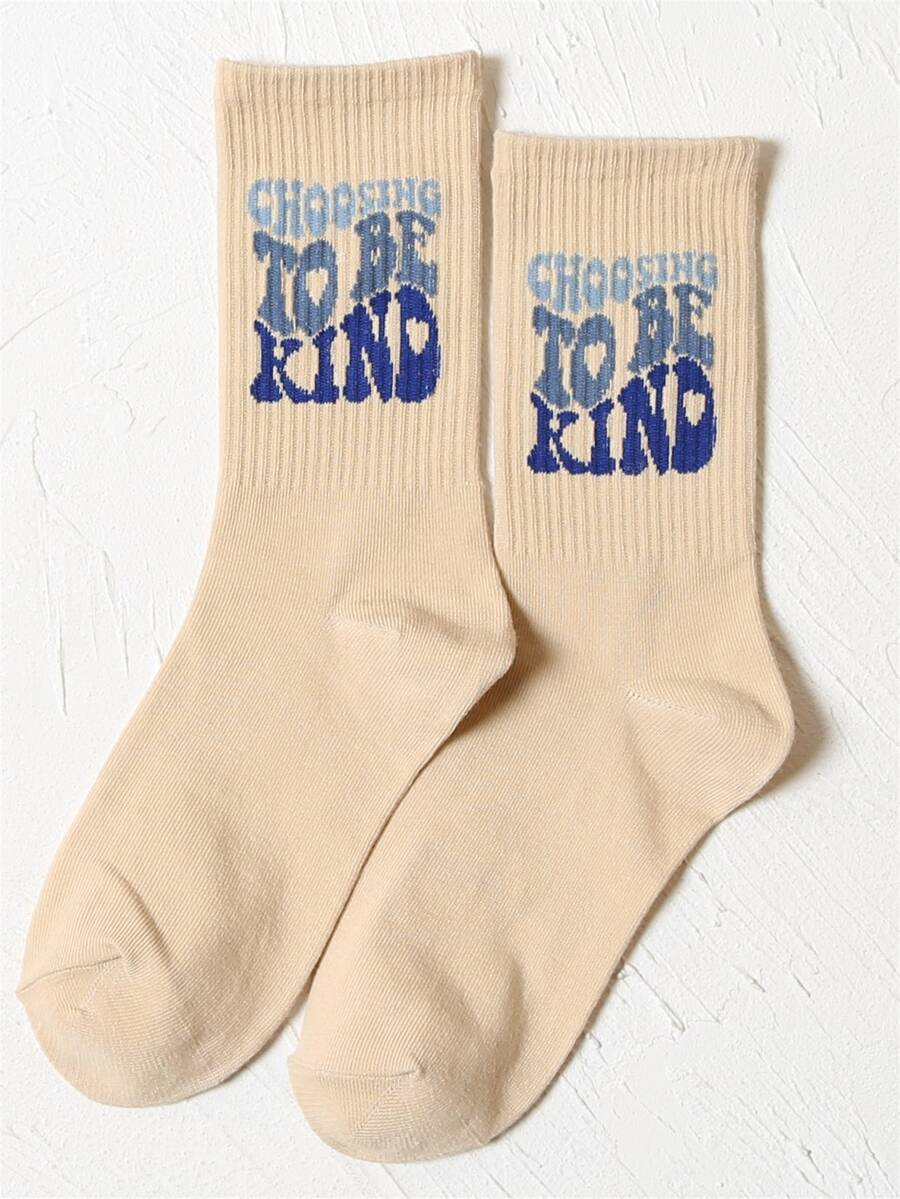 Slogan Graphic Crew Socks - Apricot - View 1