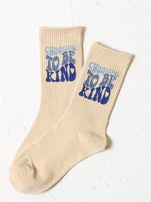 Slogan Graphic Crew Socks - Apricot - View 2