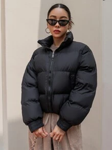 DAZY Drop Shoulder Drawstring Hem Zipper Puffer Thick Coat ,Winter Women Clothes,Winter Coat Women Jacket - Black - View 1