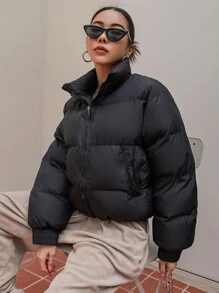 DAZY Drop Shoulder Drawstring Hem Zipper Puffer Thick Coat ,Winter Women Clothes,Winter Coat Women Jacket - Black - View 5