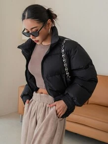 DAZY Drop Shoulder Drawstring Hem Zipper Puffer Thick Coat ,Winter Women Clothes,Winter Coat Women Jacket - Black - View 7