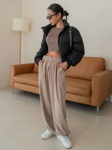 DAZY Drop Shoulder Drawstring Hem Zipper Puffer Thick Coat ,Winter Women Clothes,Winter Coat Women Jacket - Black - View 8