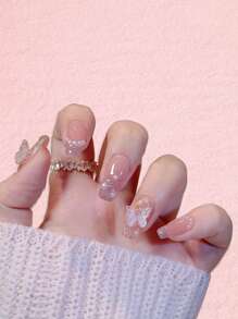 ROMWE Kawaii 24 piezas Uña postiza con diseño de mariposa & 1 hoja cinta - Multicolor - Ver 1